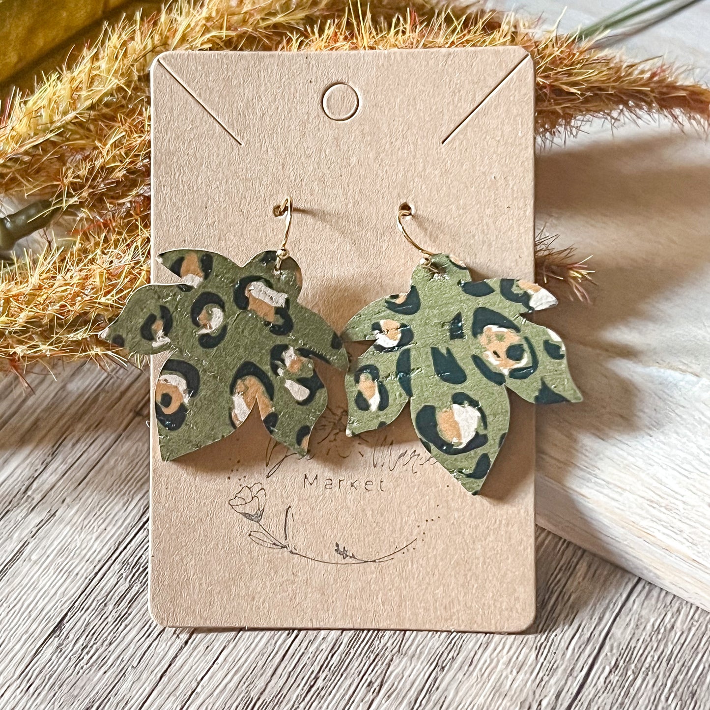 Olive Leopard Spot Leaf Earrings