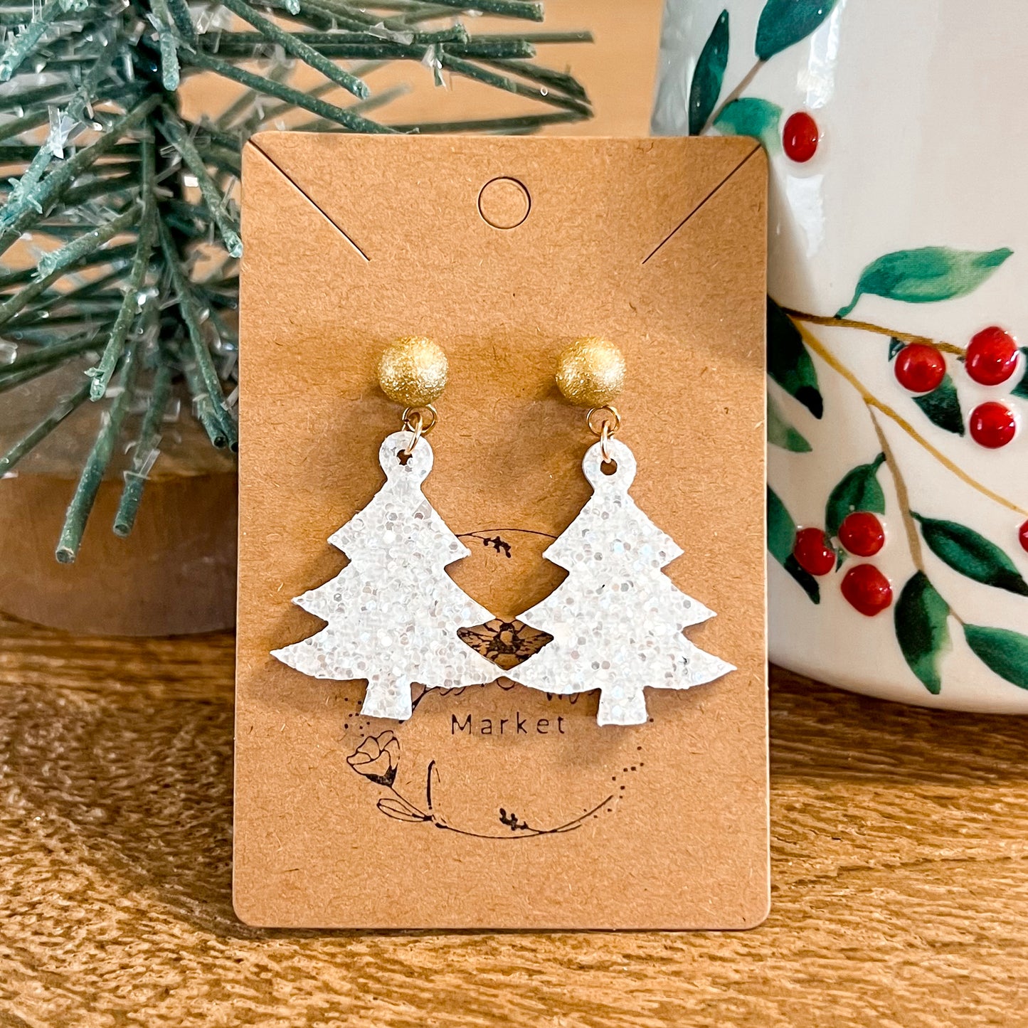 Have a Ball White Glitter Christmas Tree Earrings