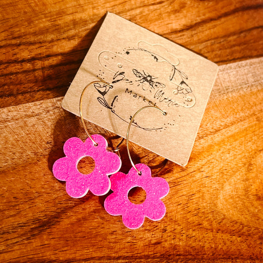 Neon Pink Glitter Flower Hoops