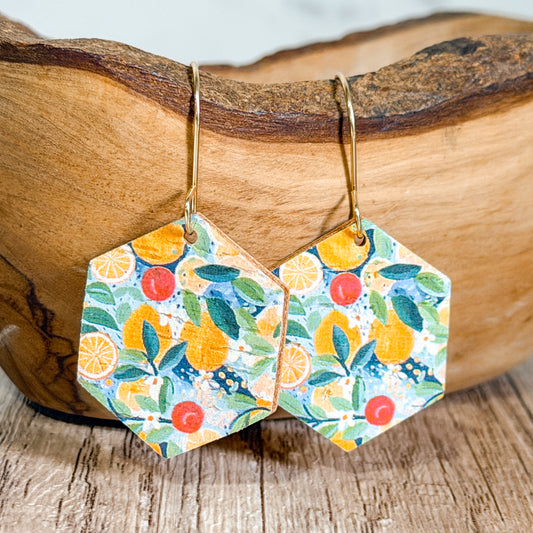 Citrus Grove Hexagon Leather Earrings