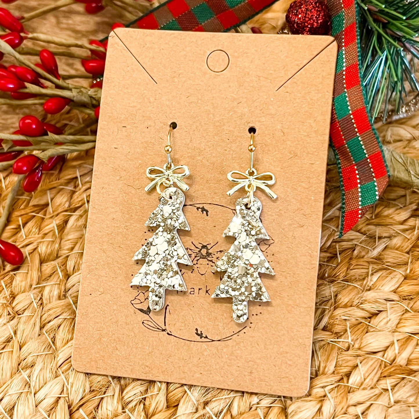 Gold Glitter Skinny Christmas Tree Earrings