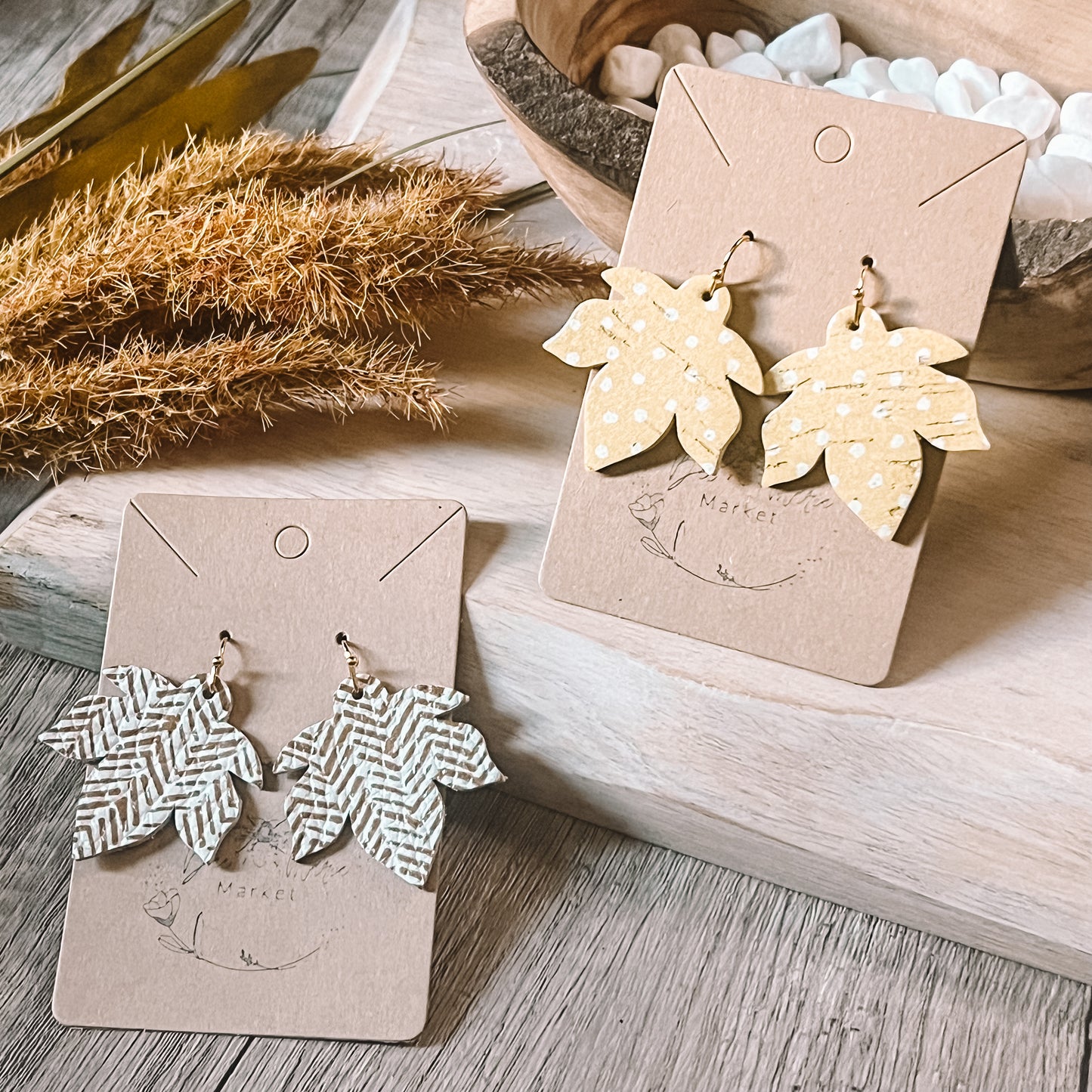 Yellow & White Polka Dot Leaf Earrings