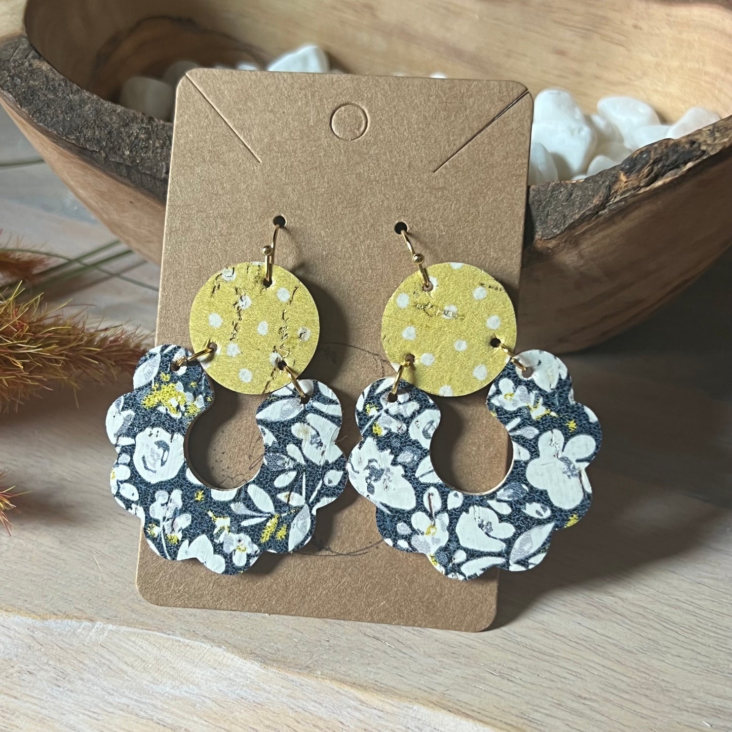 Navy Poppies & Yellow Polka Dot Scalloped Leather Earrings