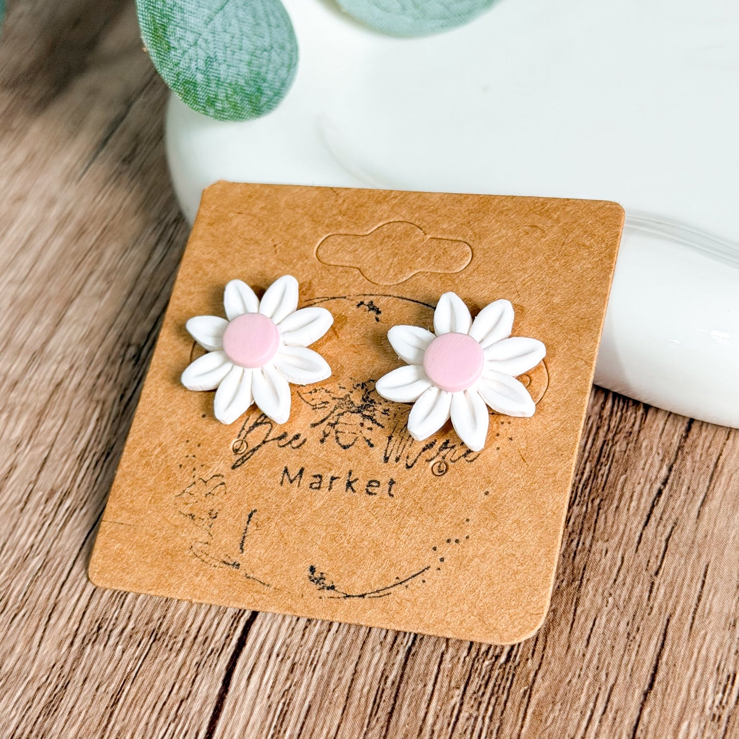 White & Pink Clay Daisy Studs