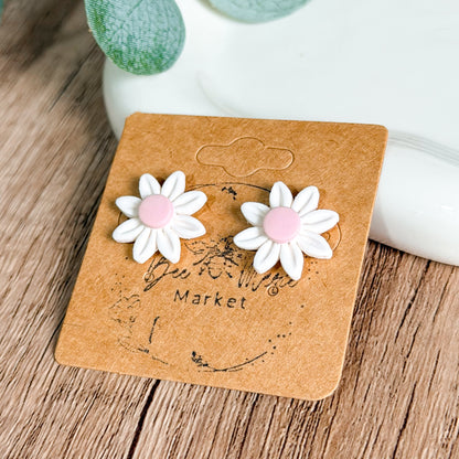 White & Pink Clay Daisy Studs