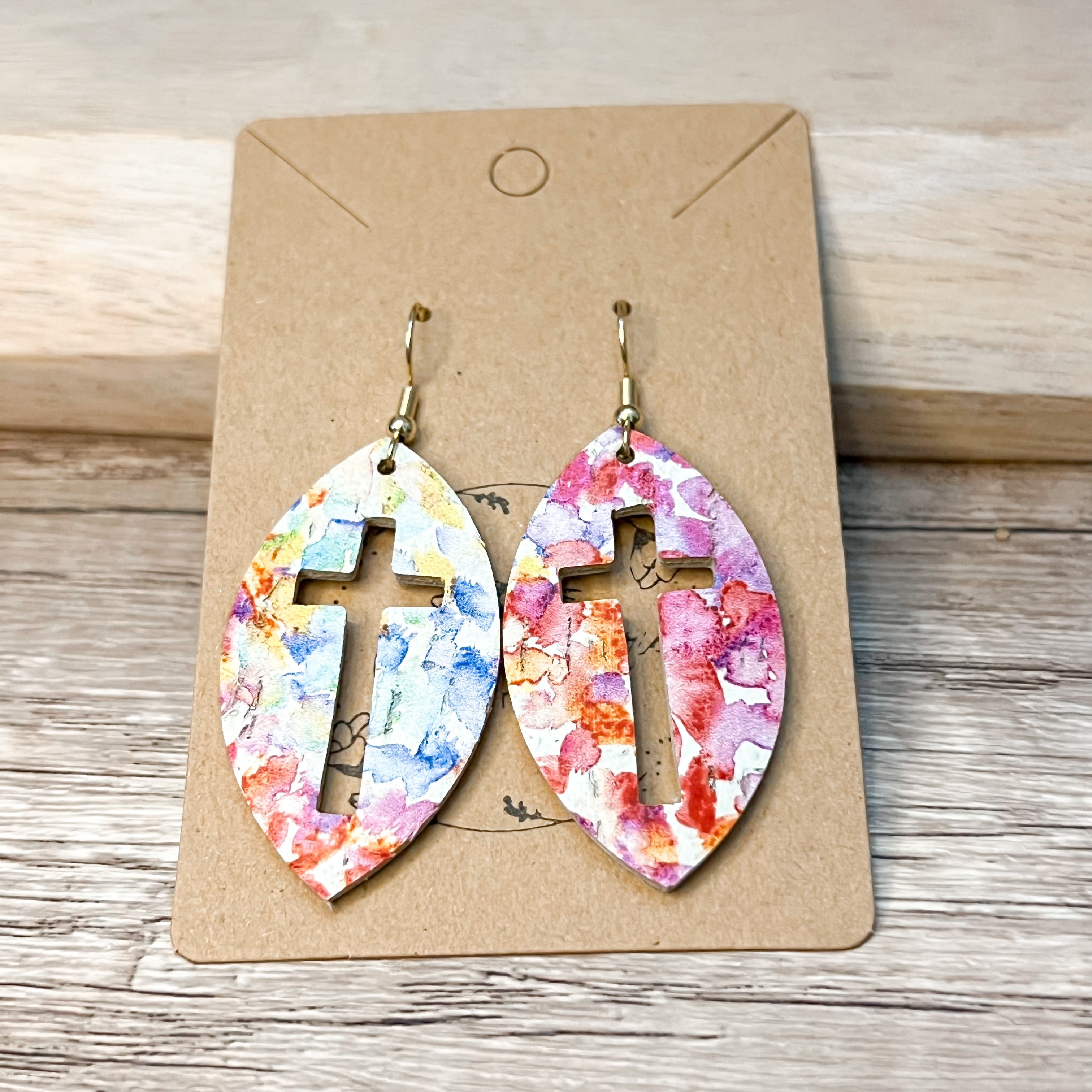 Watercolor Floral Cutout Cross Leather Earrings