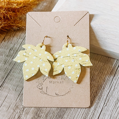 Yellow & White Polka Dot Leaf Earrings