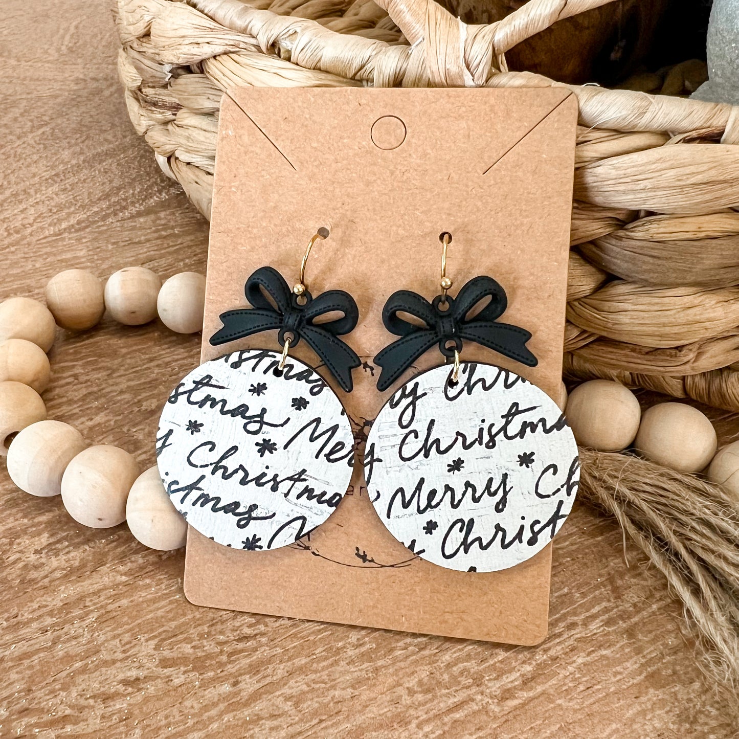 Christmas Script Black Bow Woven Earrings