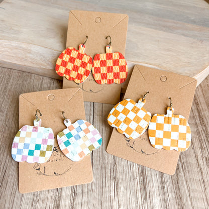 Coral Checkered Pumpkin Earrings