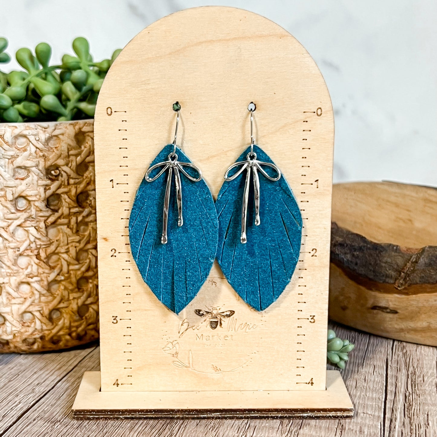 Fall Fringe Bow Leaf Earrings - Teal & Silver