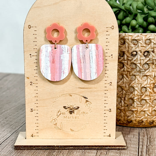 Pastel Striped Pink Floral Stud Earrings