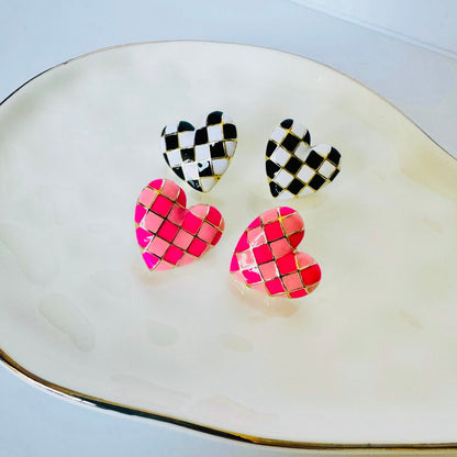 Pink Checkered Heart Earrings