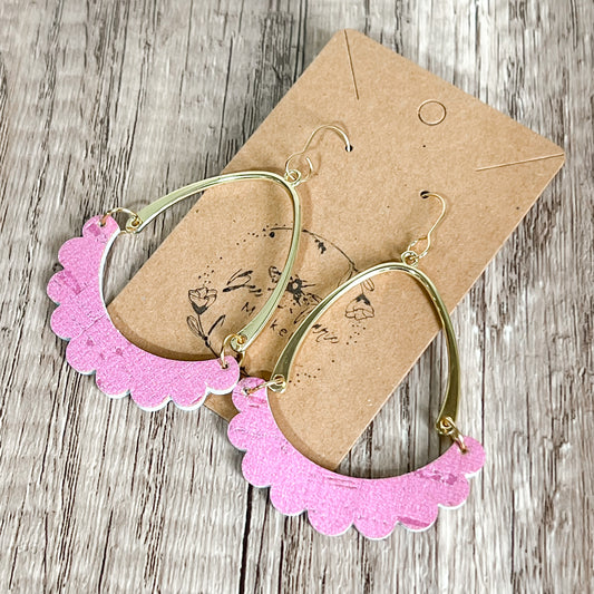 Pink Genuine Leather Ruffle Twisted Hoop Earrings
