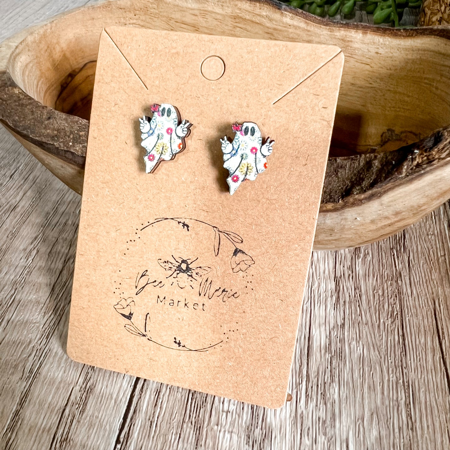 Peace Sign Flower Ghost Wood Stud Earrings