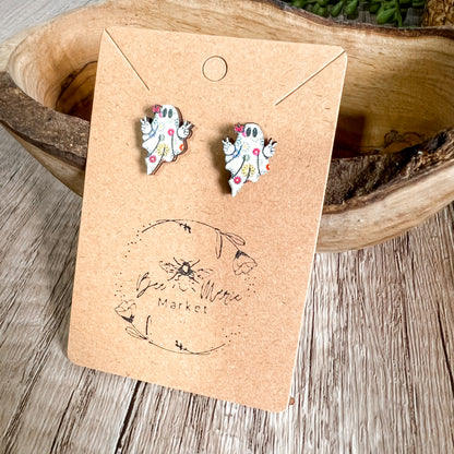 Peace Sign Flower Ghost Wood Stud Earrings
