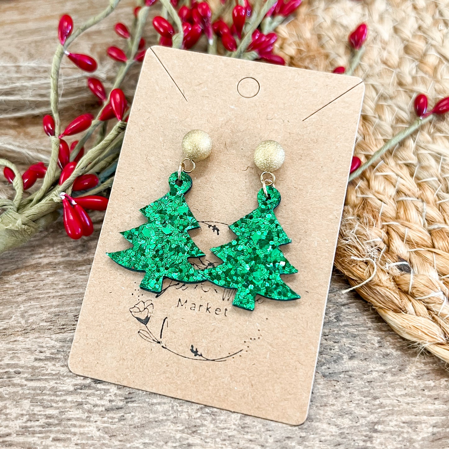 Have a Ball Green Glitter Christmas Tree Earrings