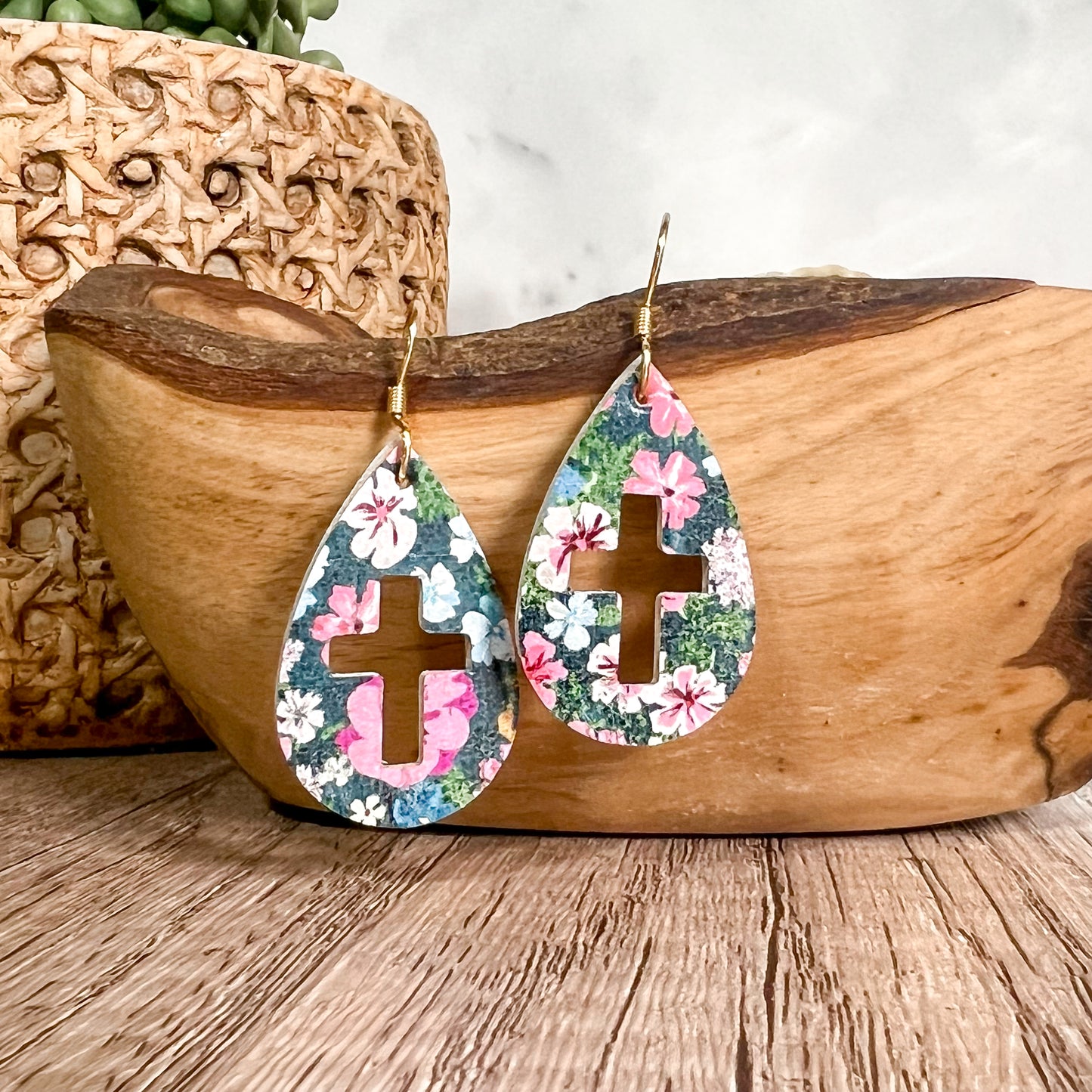 Spring Floral Cutout Cross Teardrops