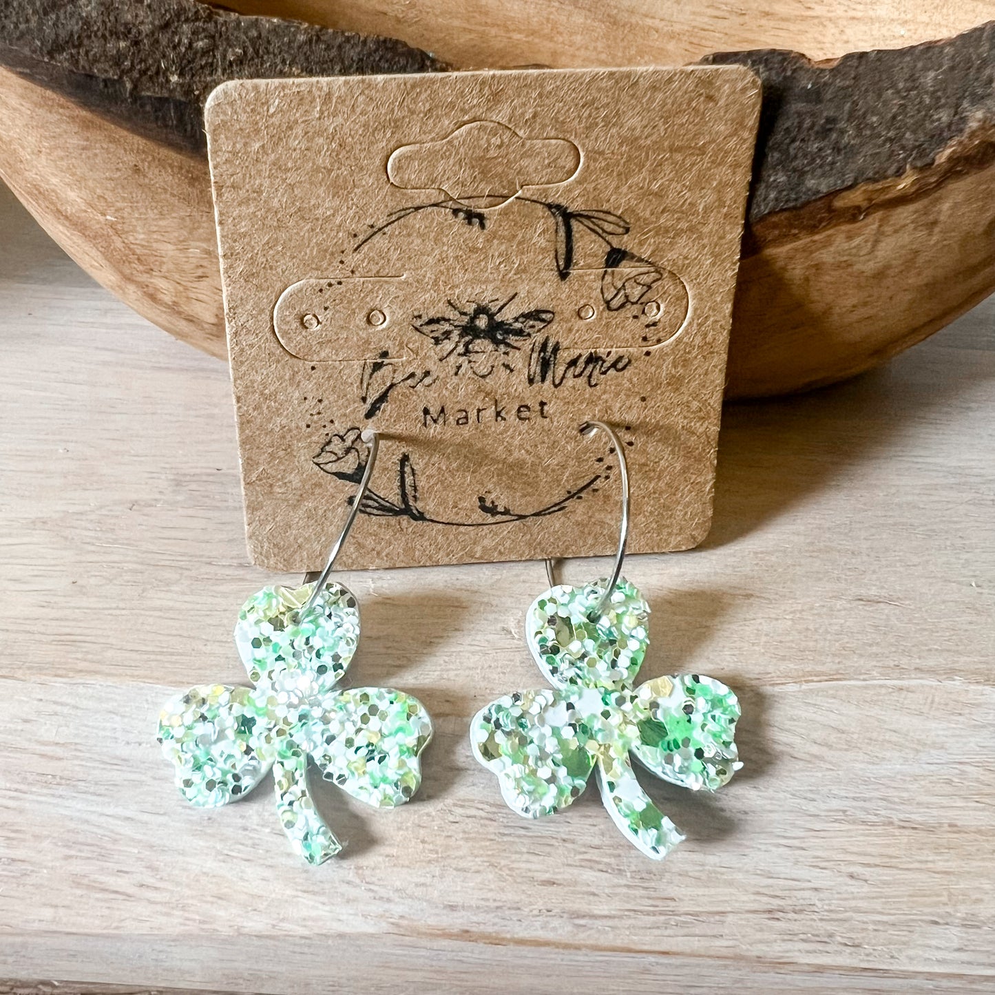 Light Green Glitter Shamrock Hoop Earrings
