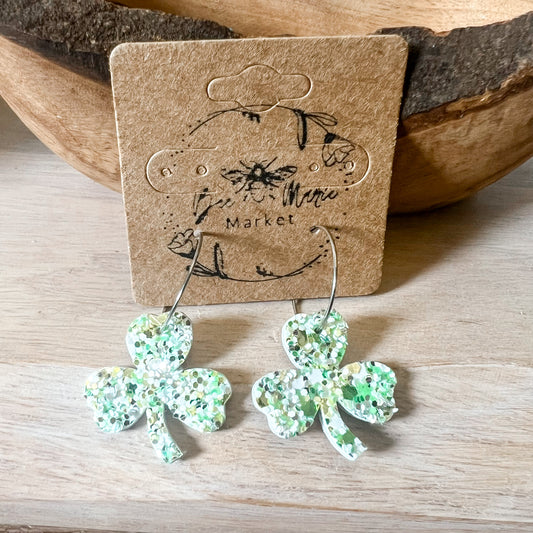 Light Green Glitter Shamrock Hoop Earrings