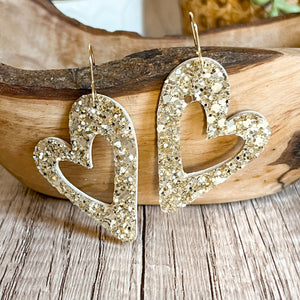 Holly Gold Glitter Open Heart Earrings