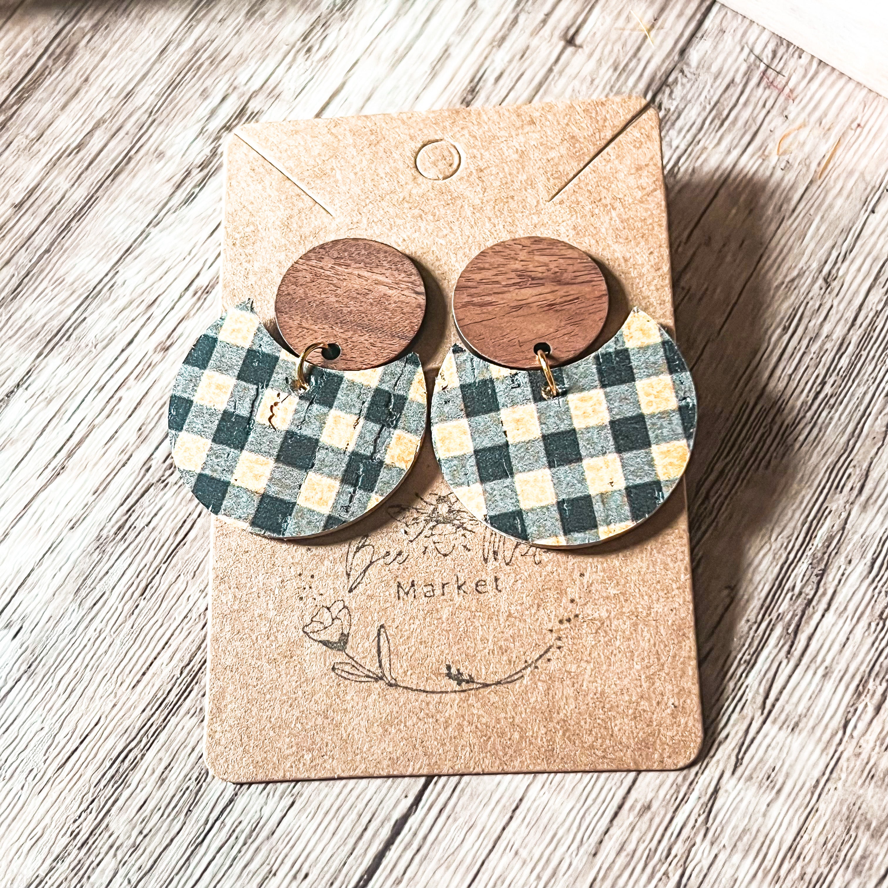 Mini Bumble Bee Buffalo Plaid Leather Earrings