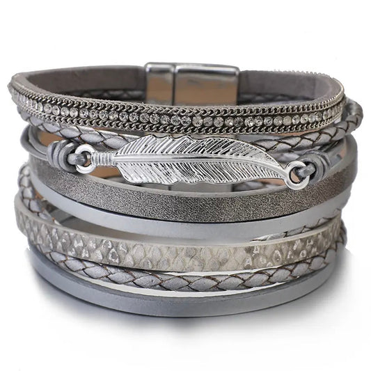 Silver Leaf Bohemian Multi-Layered Stacked Wrap Leather Bracelets