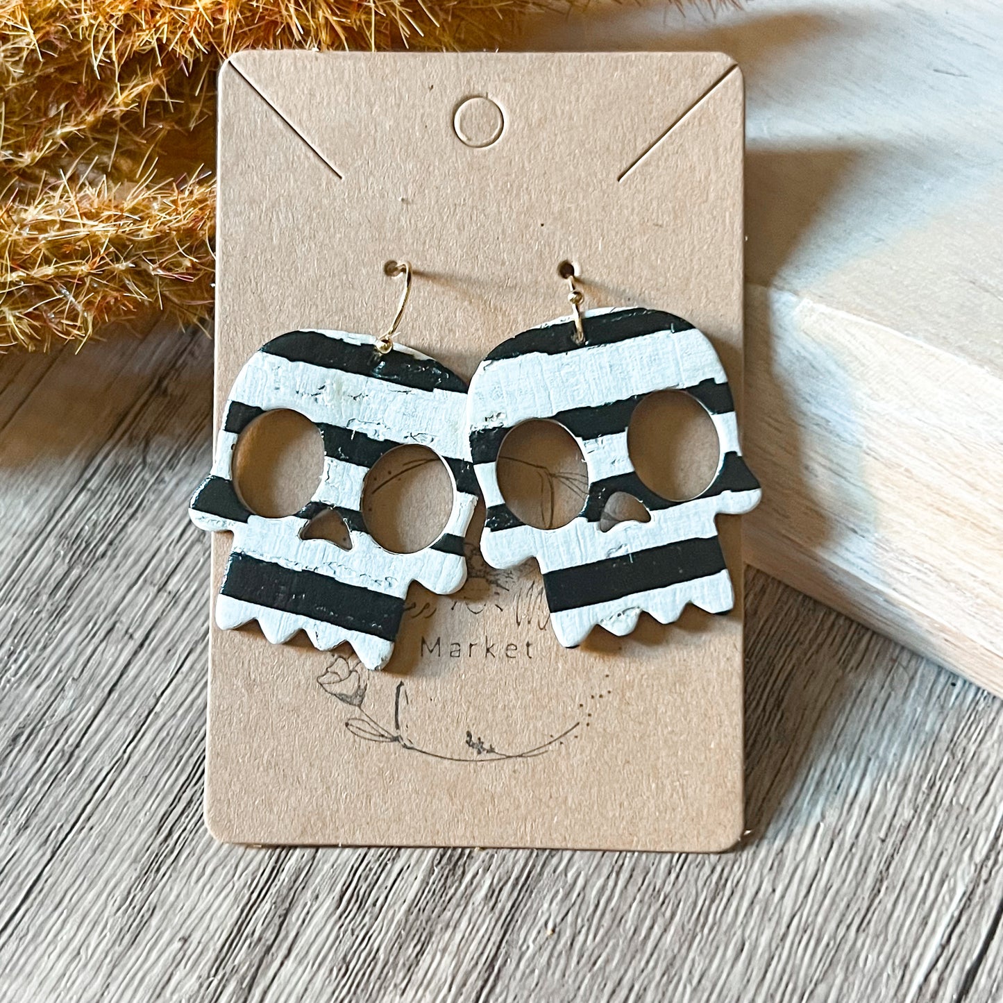 Black & White Stripe Skull Earrings