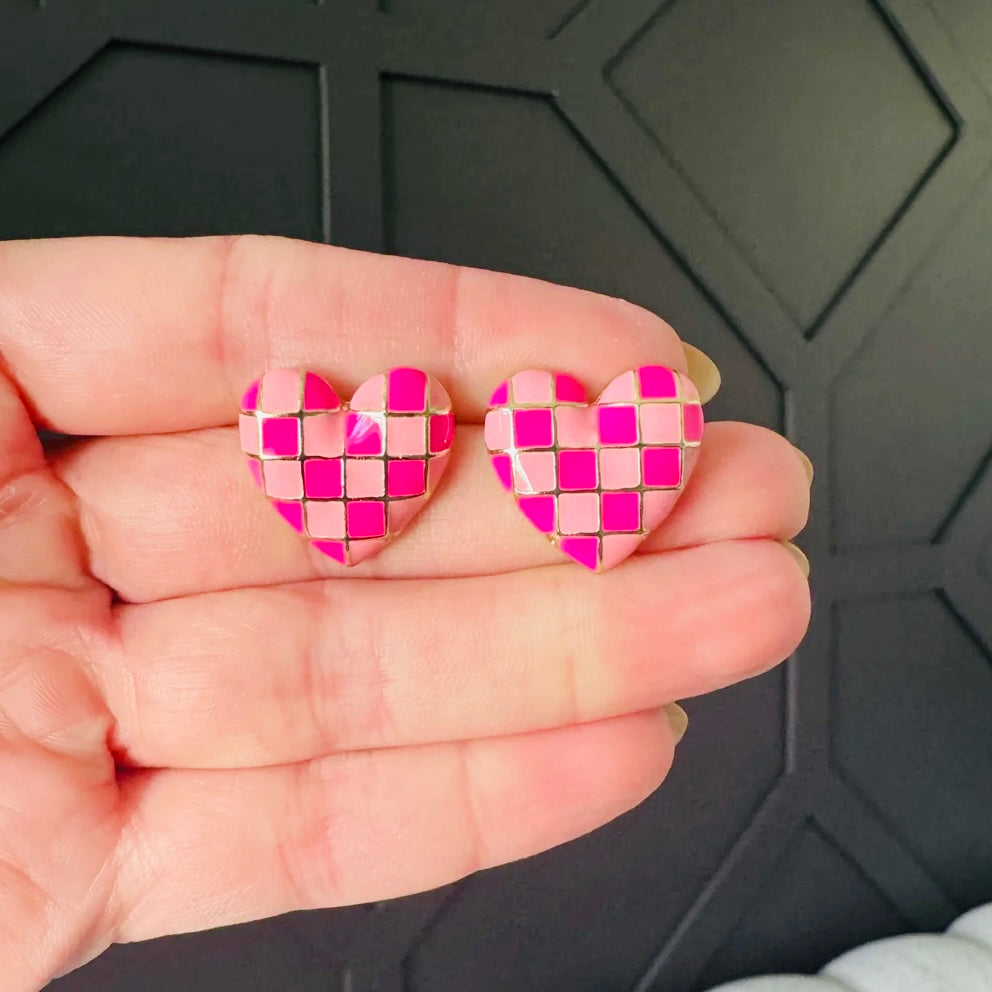 Pink Checkered Heart Earrings