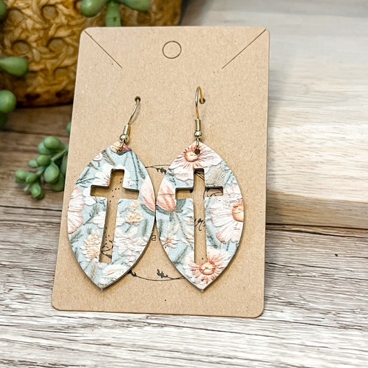 Spring Floral Cutout Cross Leather Earrings