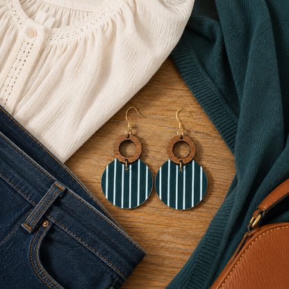 Hunter Stripe Wood Circle Earrings