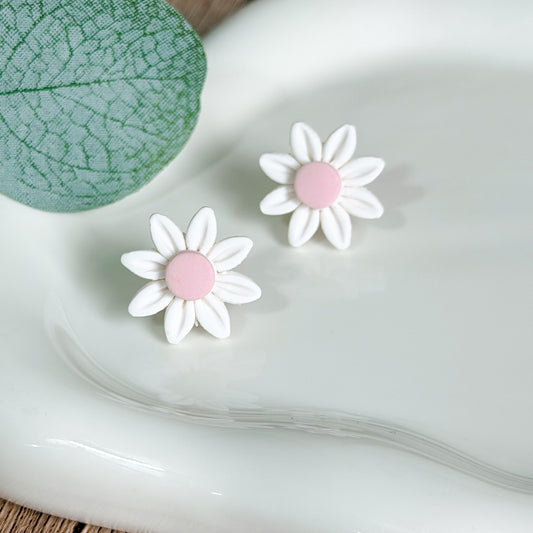 White & Pink Clay Daisy Studs