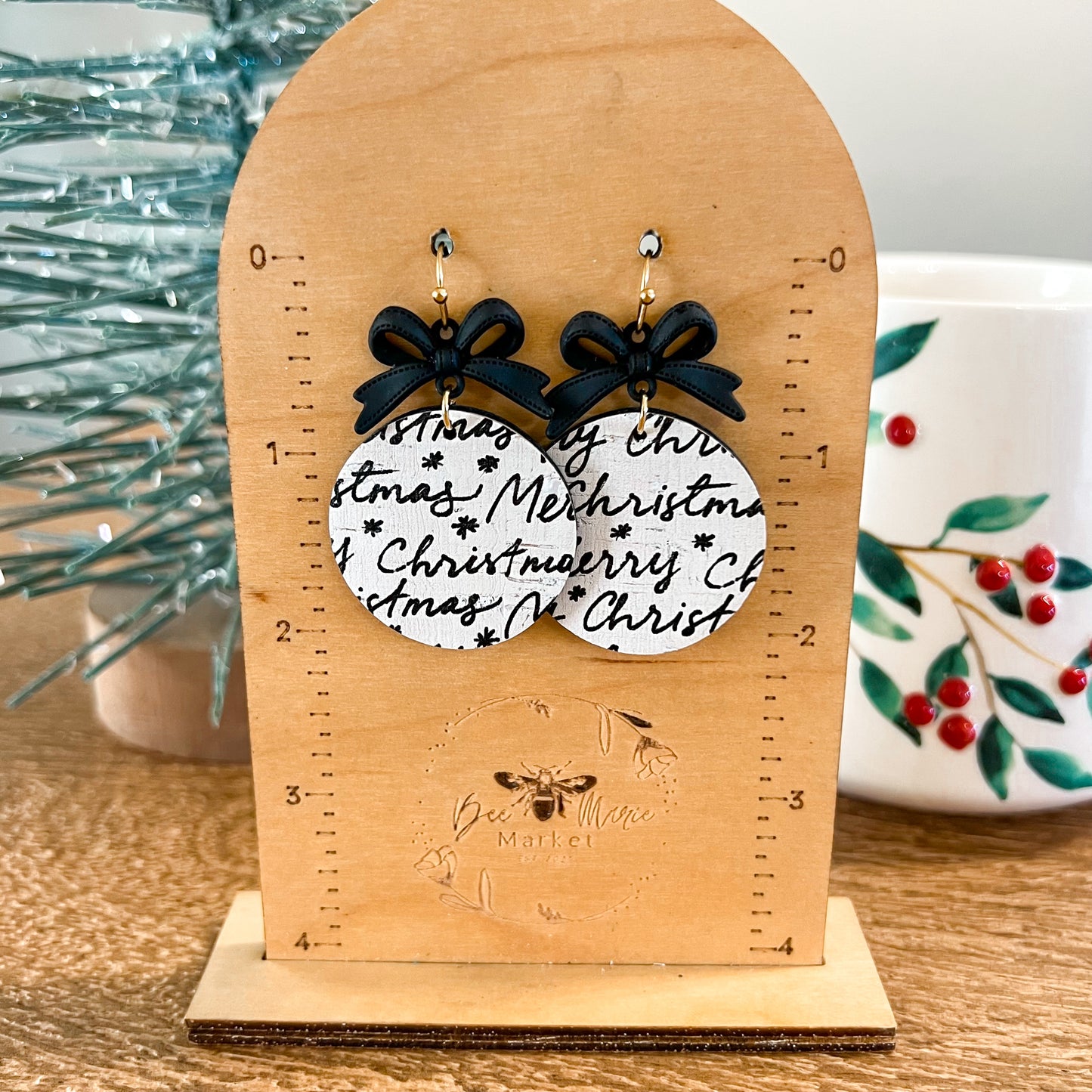 Christmas Script Black Bow Woven Earrings