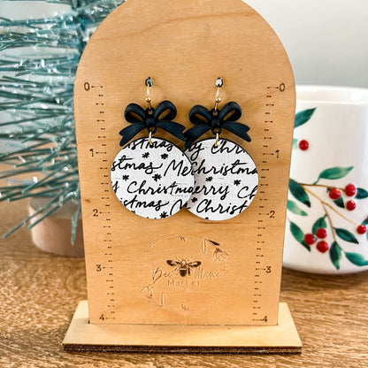 Christmas Script Black Bow Woven Earrings