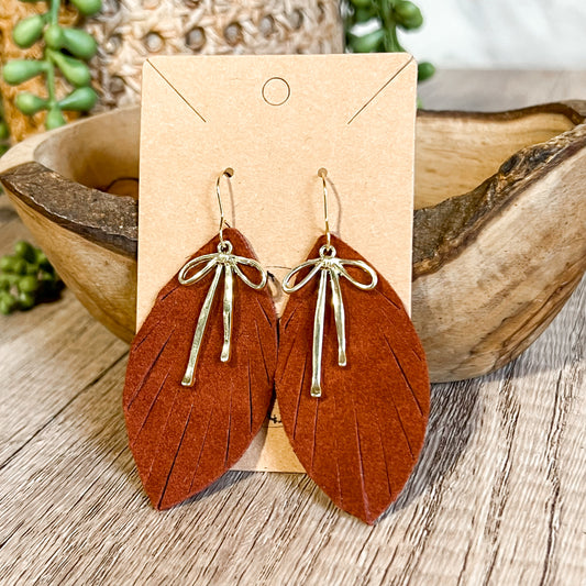 Fall Fringe Bow Leaf Earrings - Rust & Silver