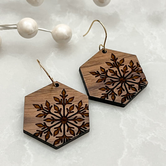 Evergreen Snowflake Hexagon Earrings