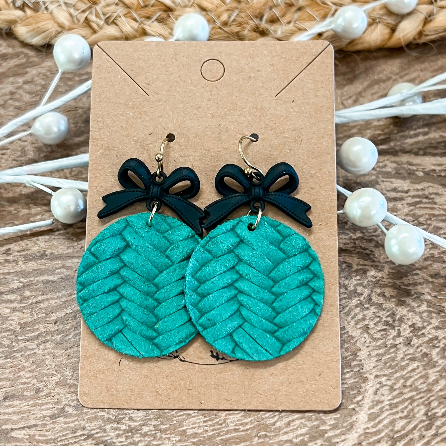Winter Green & Black Bow Woven Earrings