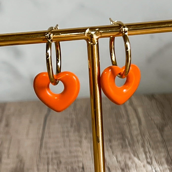Golden Hoops with Orange Hearts