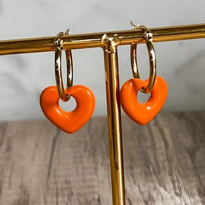 Golden Hoops with Orange Hearts