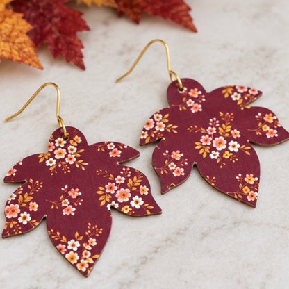 Maroon Floral Maple Leaf Earrings