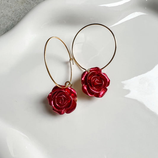Red Rose Hoop Earrings