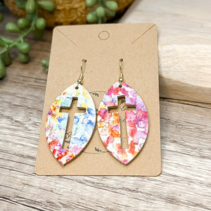 Watercolor Floral Cutout Cross Leather Earrings
