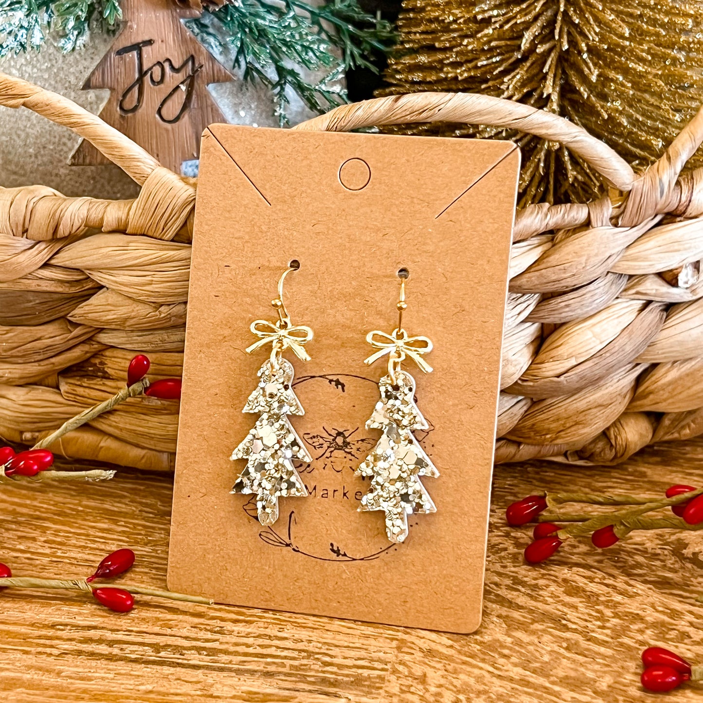 Gold Glitter Skinny Christmas Tree Earrings