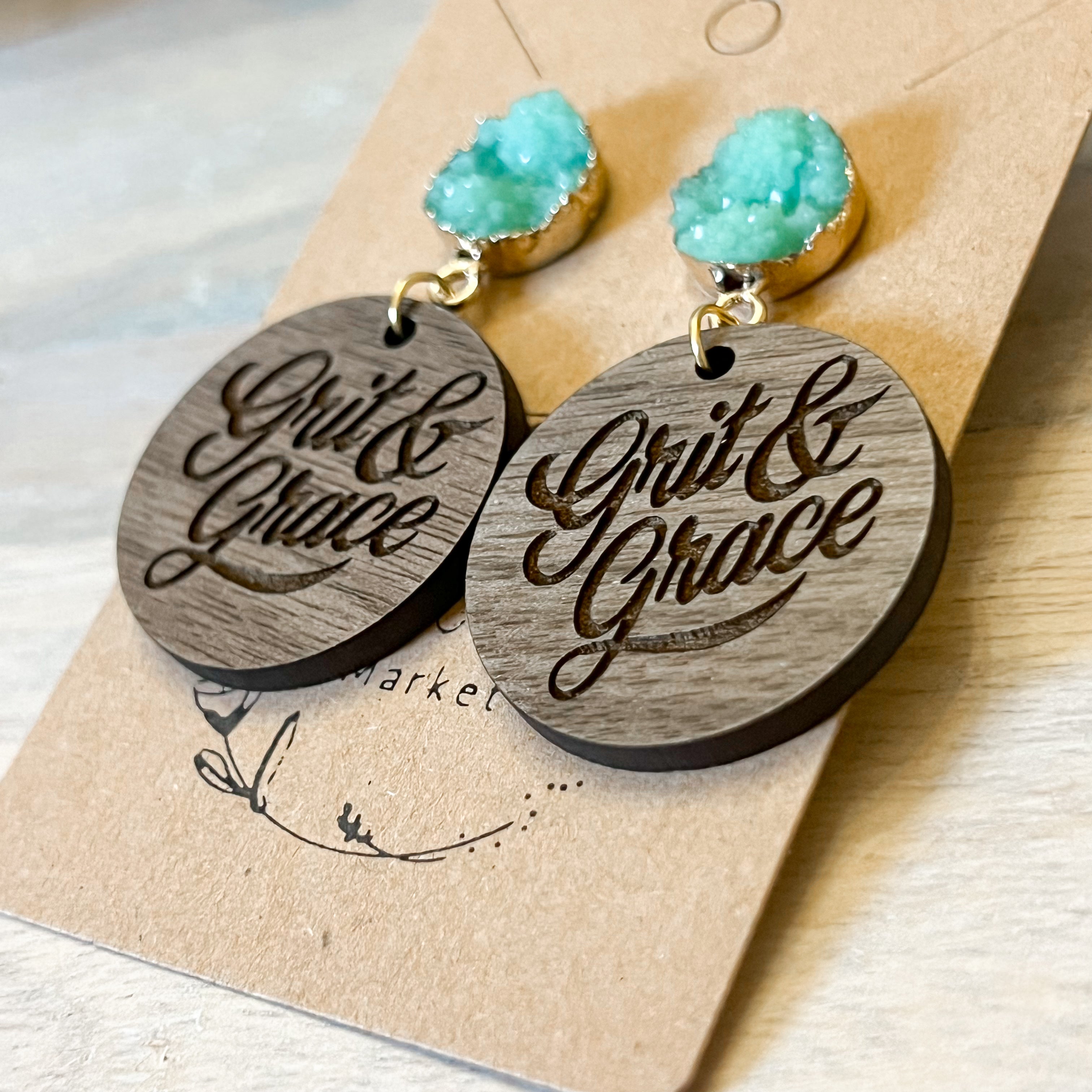 Grit & Grace Engraved Wood & Druzy Earrings