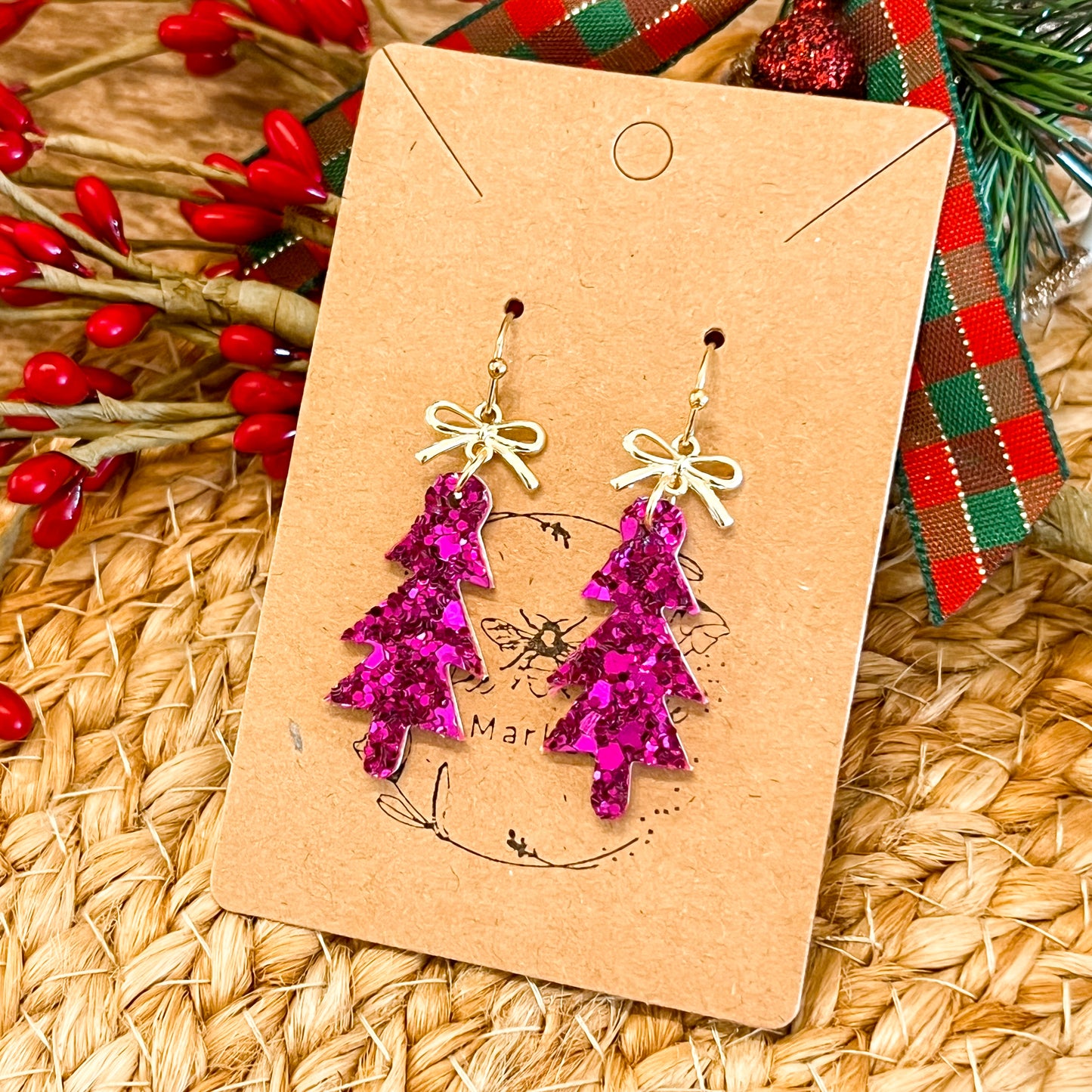 Fuchsia Glitter Skinny Christmas Tree Earrings