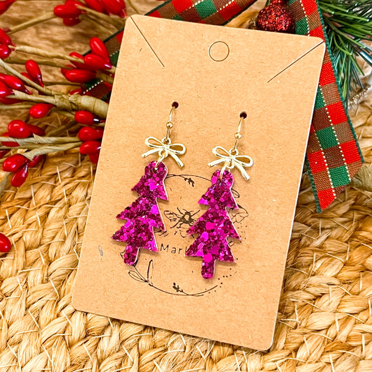 Fuchsia Glitter Skinny Christmas Tree Earrings