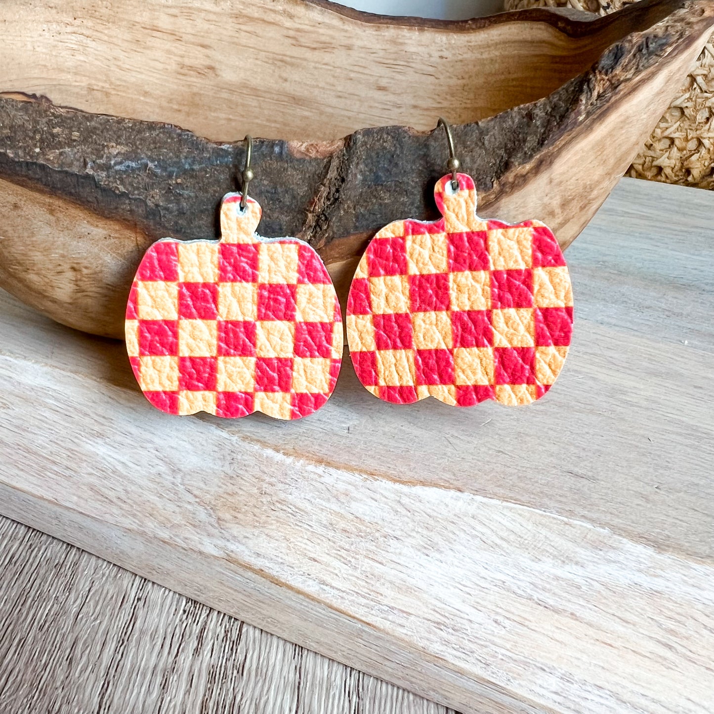 Coral Checkered Pumpkin Earrings
