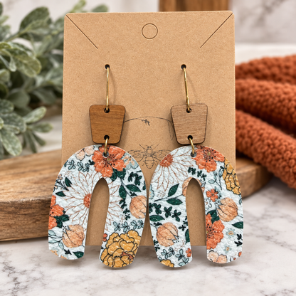 Autumn Floral Wood Top Open Arch Earrings