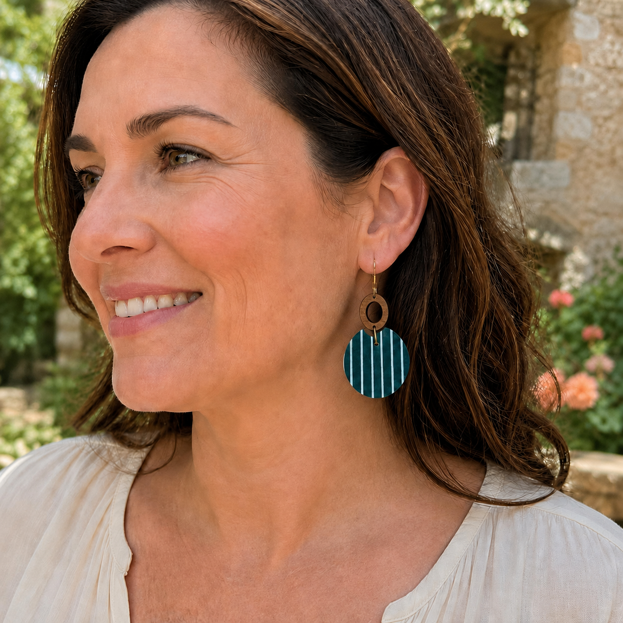 Hunter Stripe Wood Circle Earrings