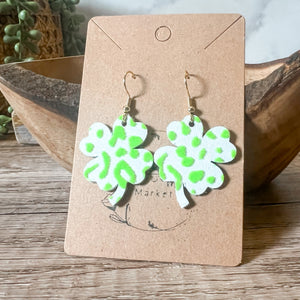 Neon Green Raised Leopard Shamrock Earrings