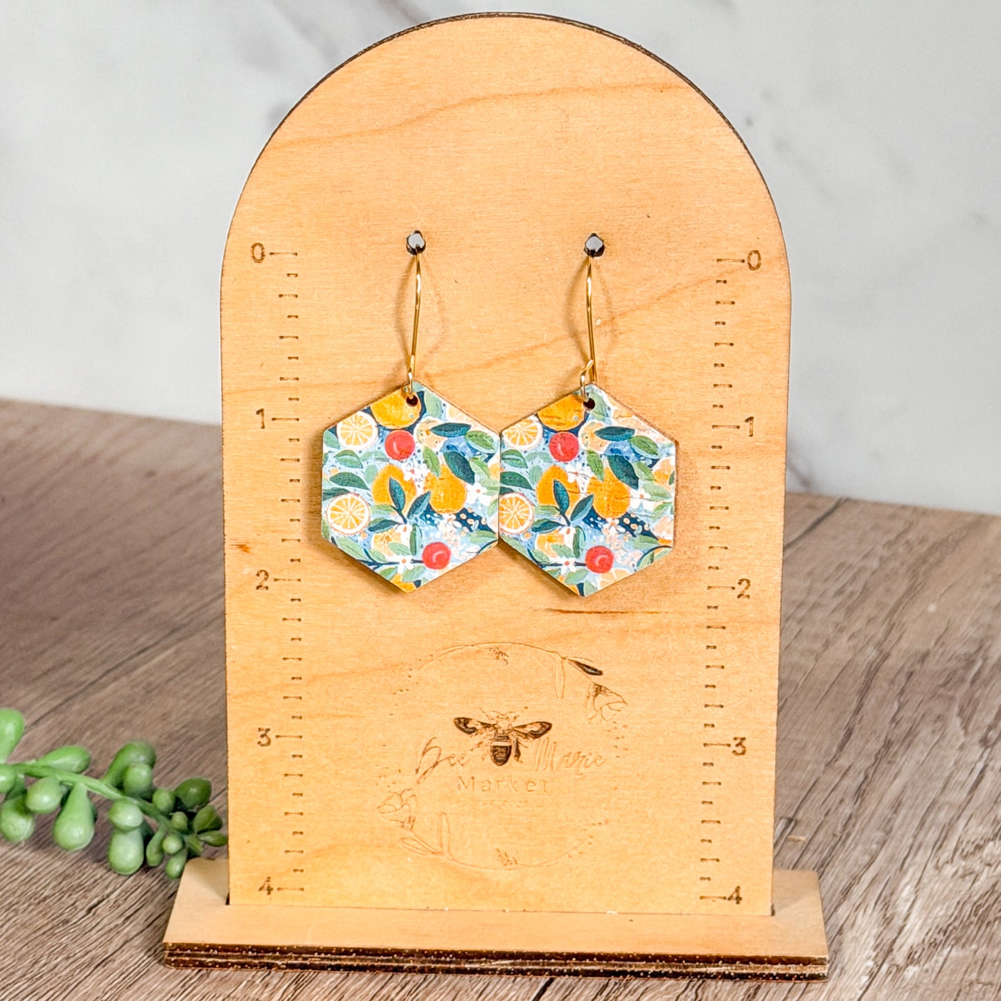 Citrus Grove Hexagon Leather Earrings